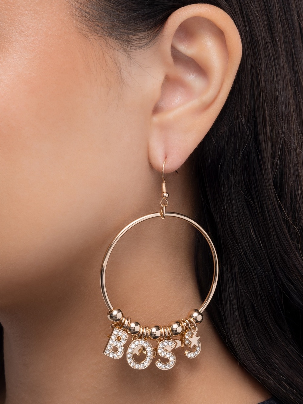 Gold Hoop Earrings with BOSS and Star Charms - Picture 2 of 3